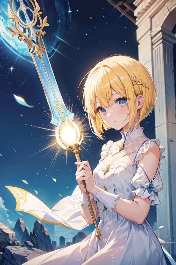 ((((Arthur　Pull the sword from the stone、Sword of Light、Excalibur))))　(((Yellow Hair、Short Bob　blue eyes　White Dress　Goddess of victory)))　((Bathed in light))　(Stained glass、Shine　Illuminated from above)　Shineエッジ　Shine背景