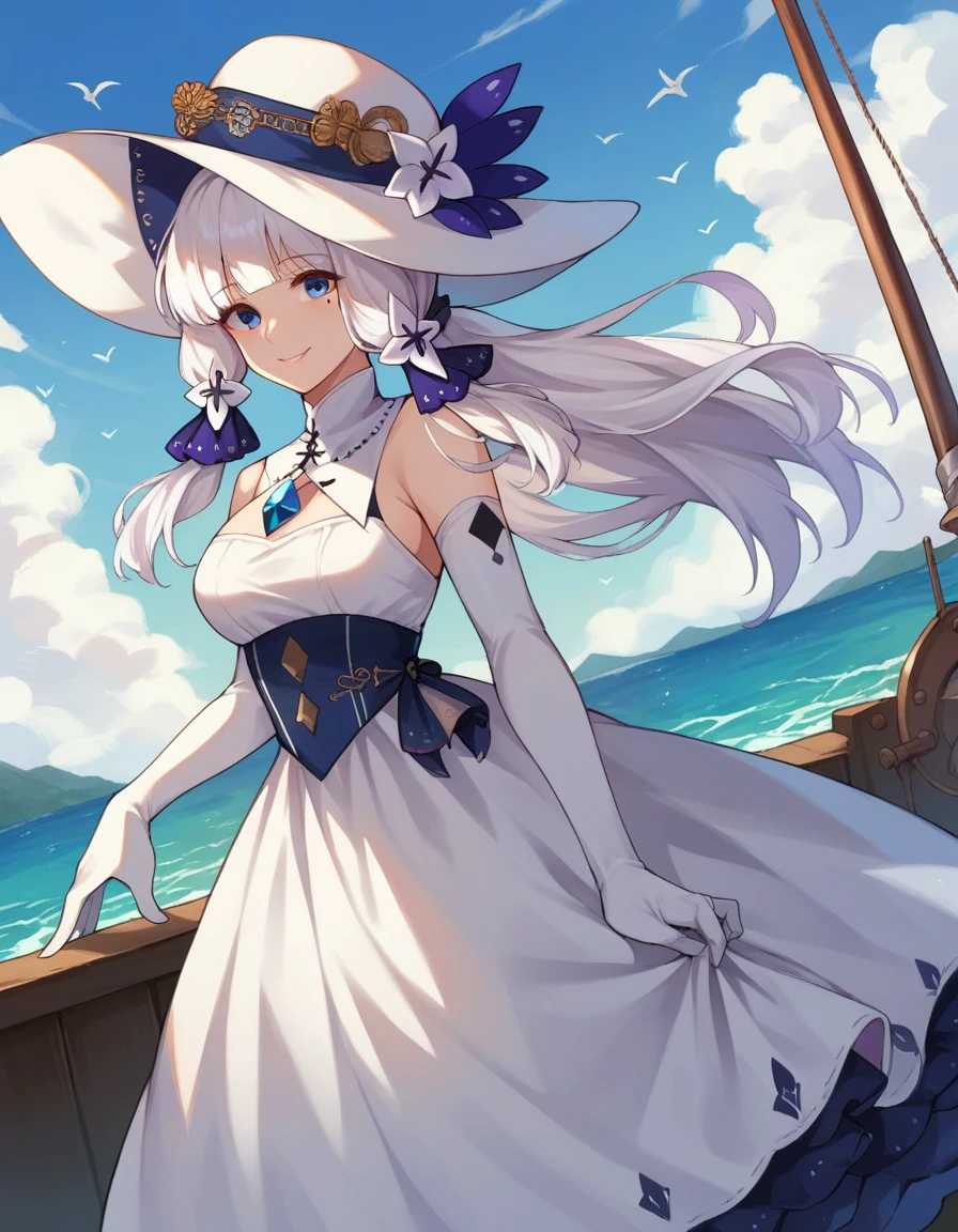 score_9, score_8_up, score_7_up, source_anime,
illustrious, illustrious, blue eyes, hair ornament, hair ribbon, long hair, mole, mole under eye, white hair, smile,
dress, elbow gloves, gloves, hat, ribbon, white dress, white gloves, white headwear,
outdoors, ocean, ship, sea,
looking at viewer, cowboy shot, dutch angle,