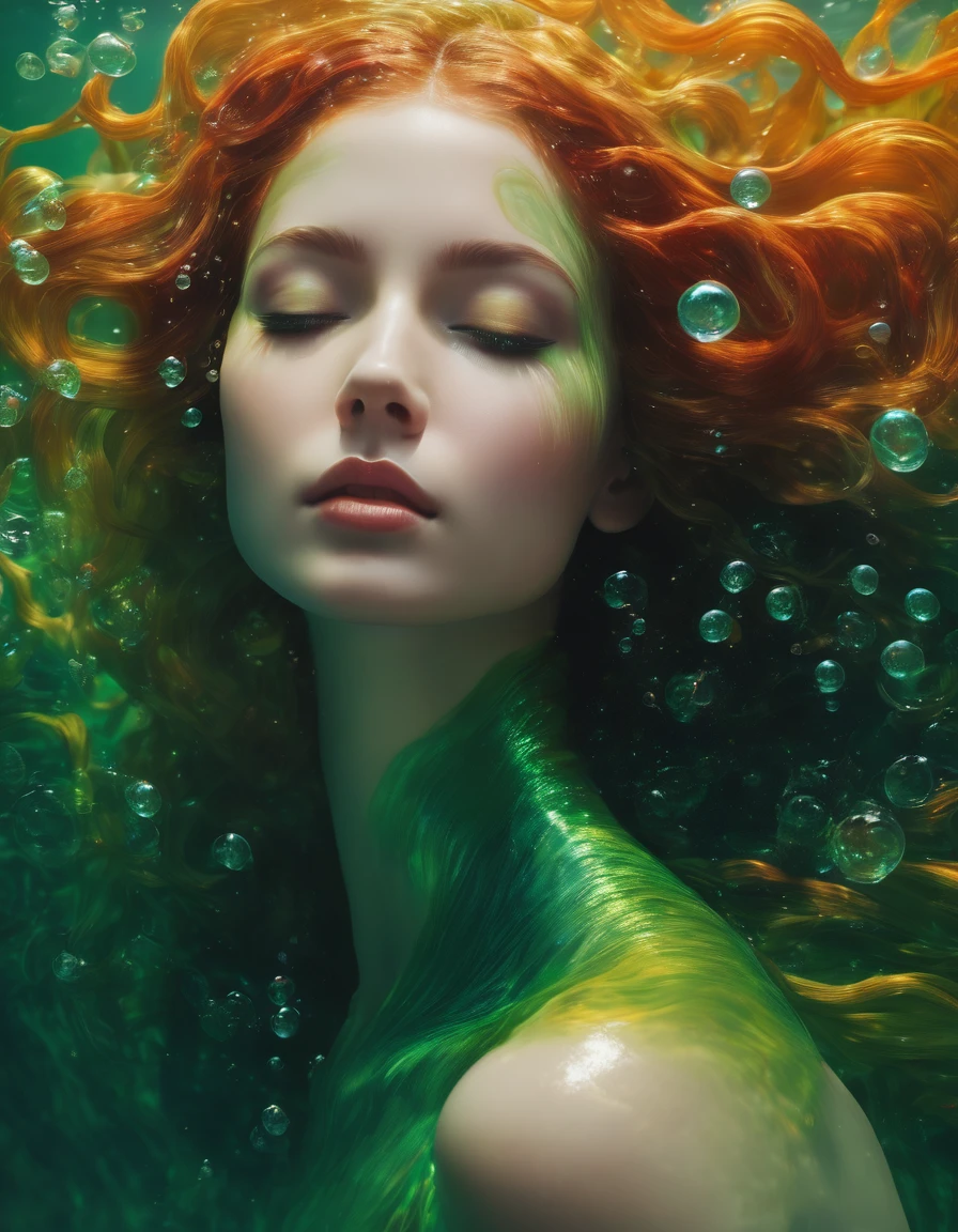 the image depicts a gorgeous siren with closed eyes, submerged in cream and amber substance that appears to be flowing around her, bubbles. her hair is also intertwined with this fluid, creating a dynamic and fluid effect, green and red algae. the background is a dark green, which contrasts with the vibrant colors of the fluid. the overall impression is one of serenity and being immersed in a dreamlike or ethereal environment, beautiful 3d rendering, hyper maximalism, vray tracing, octane rendering, hdr, 32k