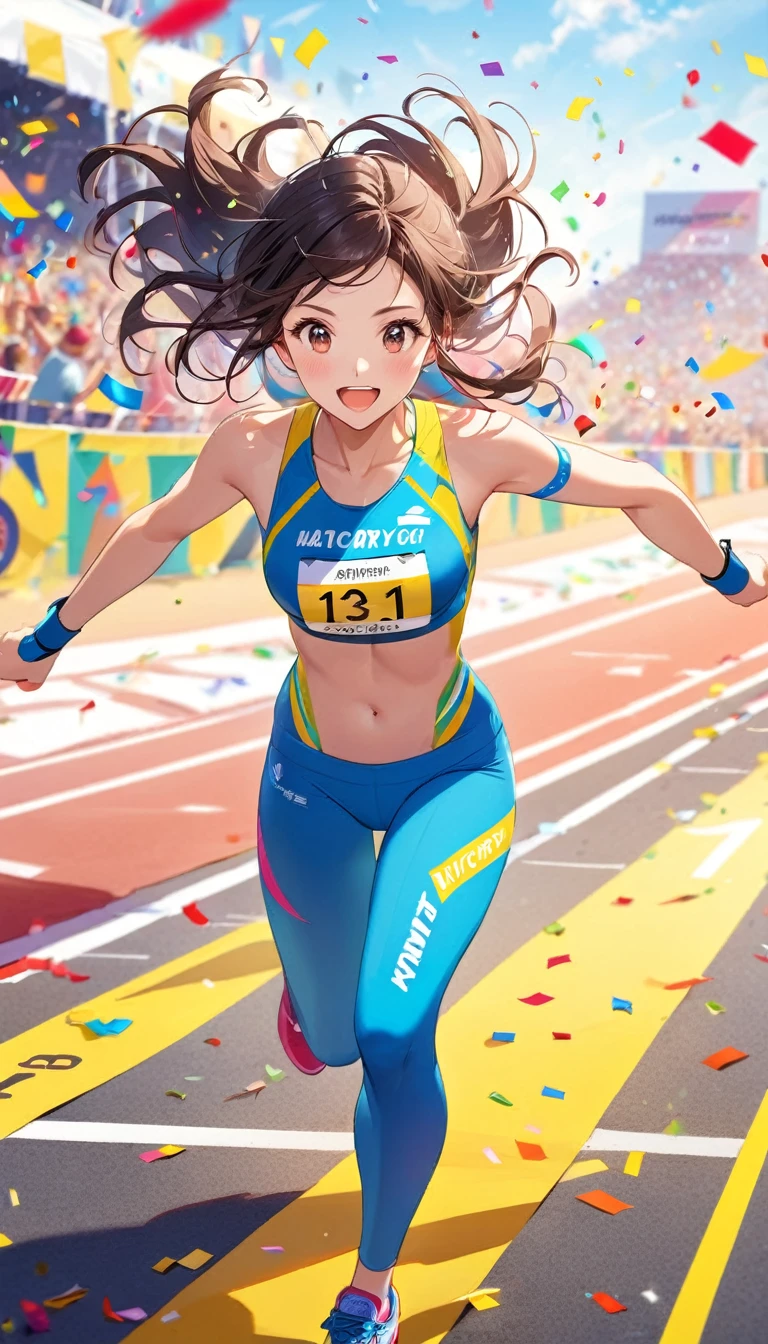 Wonderful moments，beautiful girl，Sports suit，Marathon sprint，victory，First Place，Sprint finish line tape，Colorful confetti in the air