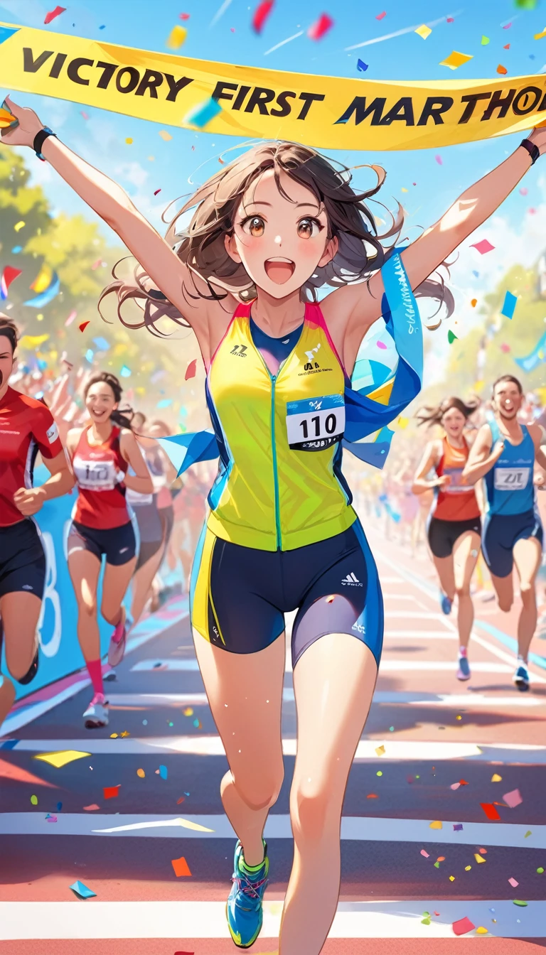 Wonderful moments,beautiful girl,Sports suit,Marathon sprint,victory,First Place,Sprint finish line tape,Colorful confetti in the air