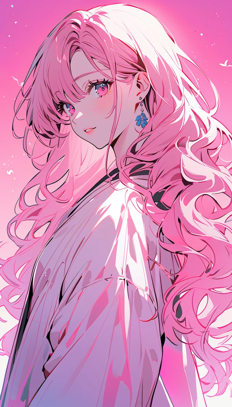 1 woman, alone, long hair, looking at viewer, shining eyes, pink hair, earring, necklace, from the side, kimono, wavy hair, pink theme, Vivid colors,