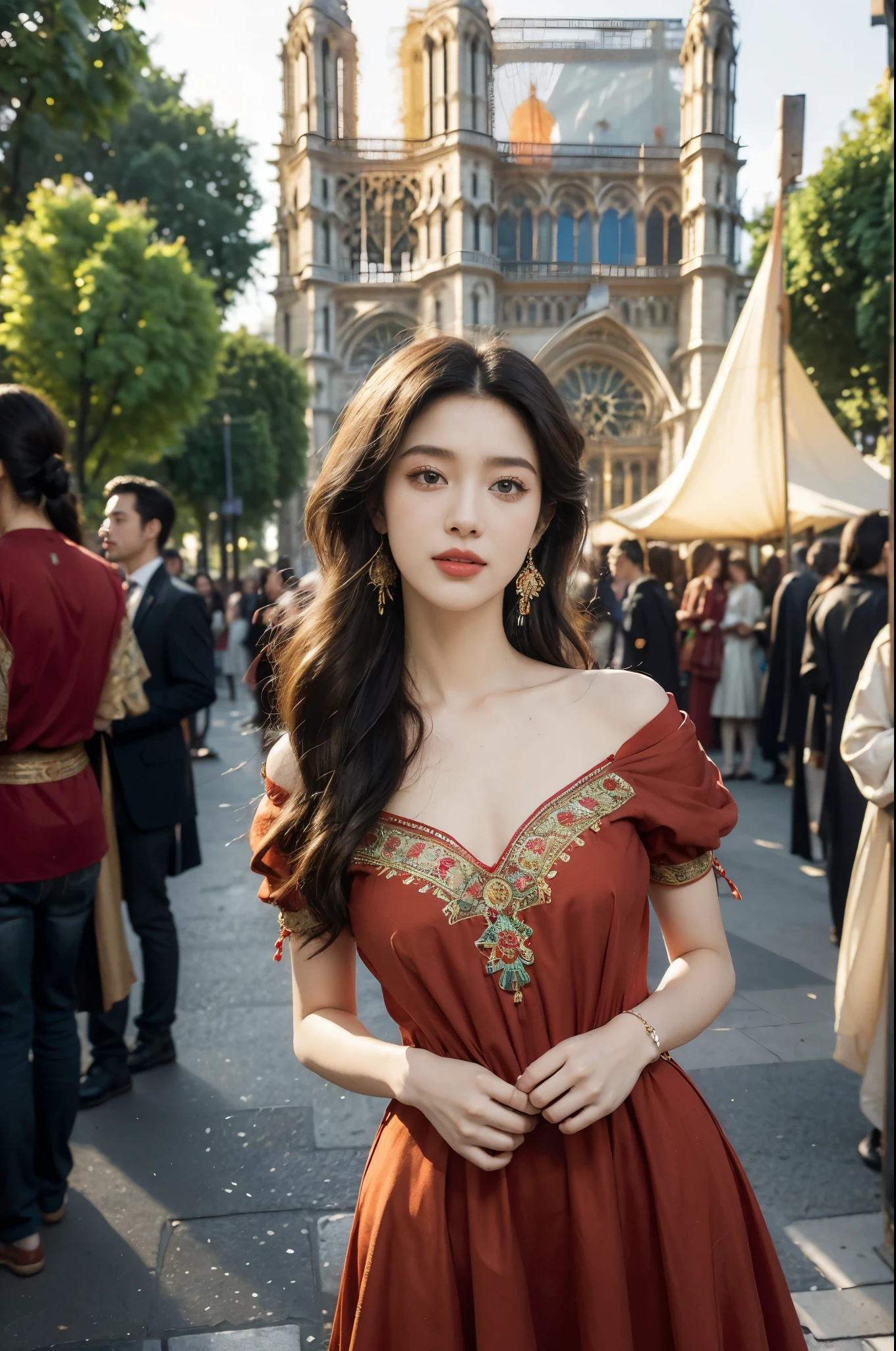 (((best quality))),(((ultra detailed))),(((masterpiece))),illustration,((1 beautiful girl,female Gypsy dancer,solo)),(shoulder length wavy bob hair:1.2),(laughing:1.3),((slim,thin)),((small breasts,flat chest)),(detailed eyes:1.3),(Bohemian style embroidered red dress:1.5),(short sleeves:1.2),((earrings)),mystery,charm,(standing:1.3),(arms behind back:1.3),(slender legs:1.2),(On the square outside Notre Dame Cathedral in Paris:1.5),(ancient Paris:1.2),traditional attire,vendors,fruits,handcrafted objects,pastries,bakeries,spire,Gothic architecture,sunlight,ethereal glow,busy cityscape,out of place,free spirit,creativity,lost in thoughts,dreams,possibilities,bygone era,snapshot,essence,magic of summer,(day scene:1.3),(outdoor:1.3),(surrounded by crowded crowds:1.3),((from front,upper body))