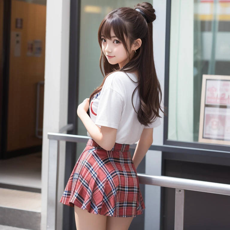 18year-oldJapanese girl, checkered high mini skirt, standing facing forward, idol, girlfriend feeling, standing upright