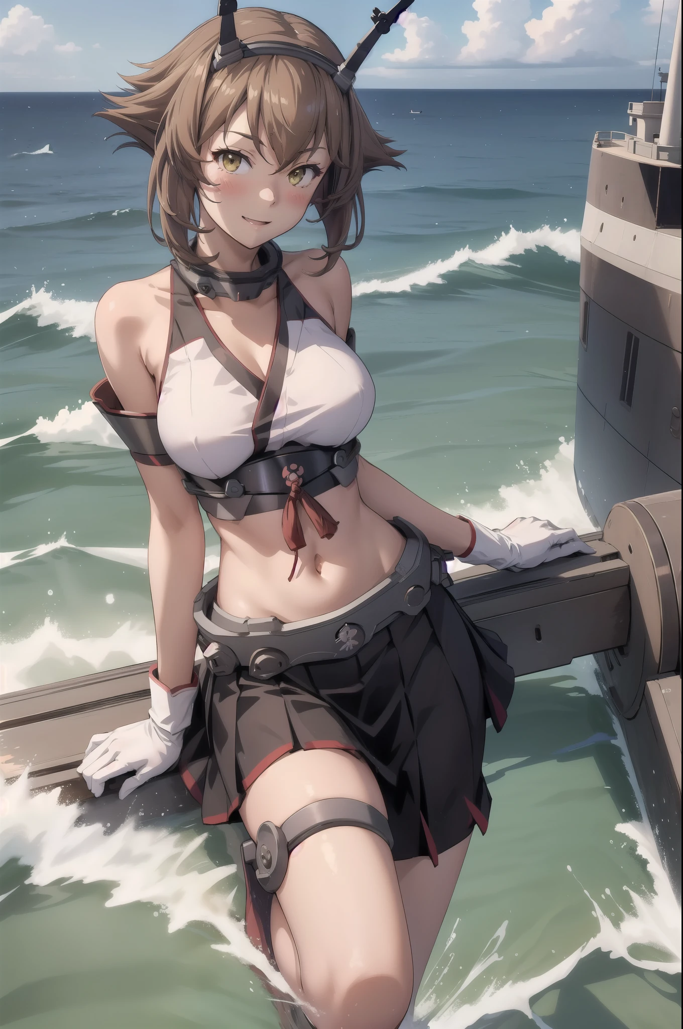 ((masterpiece)),(Highest quality),(Mutsu Kai Ni Kantai Collection:1.15)Highly detailed CG,unity 8k wallpaper,Super detailed,Lighthouse on top of a cliff by the sea,One girl,alone,white_gloves,brown_hair,short_hair,big_chest,black_skirt,green_eye,headgear,プリーツskirt,smile, abdomen,ミニskirt,hairband,belly button,chestの谷間,wireless_antenna,Flipped_hair,blush, Big Breasts