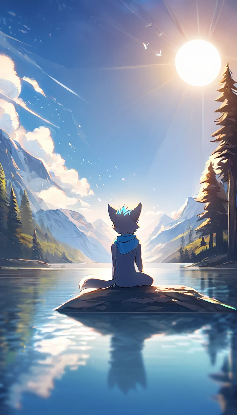 cinematic shadow, high-quality illustrations, dynamic lighting, lens flare, cinematic angle, highres, top quality, best quality,furry male, furry, solo, animal ears, 1boys, tail, blue hair, half, white fur, body fur, two-tone fur, short hair, blue fox ears,, fox boy, fox tail, blue fur, blue scarf, half body character with calm and beautiful lake surrounded by tall trees and mountains. The water could be a deep blue color, and there could be a few clouds in the sky. could be sitting by the lake, looking out at the water and enjoying the peaceful s