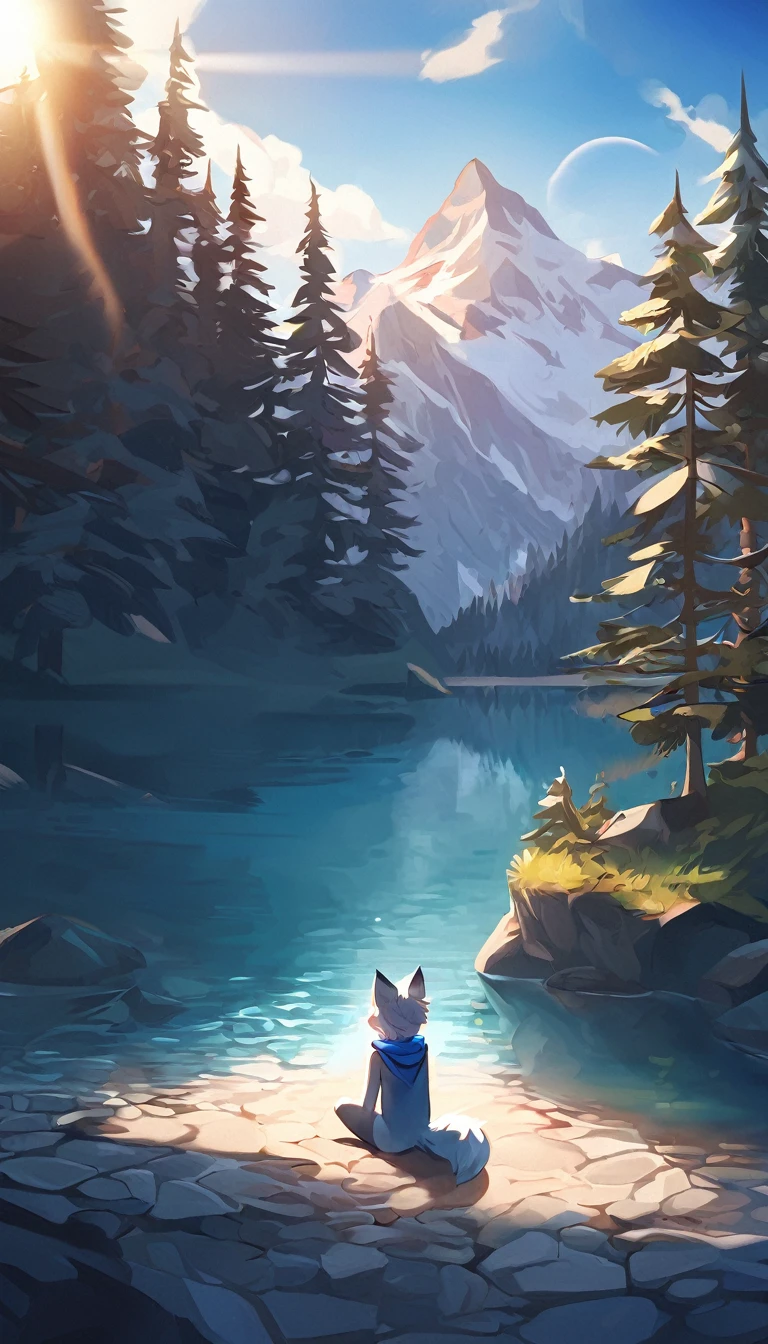 cinematic shadow, high-quality illustrations, dynamic lighting, lens flare, cinematic angle, highres, top quality, best quality,furry male, furry, solo, animal ears, 1boys, tail, blue hair, half, white fur, body fur, two-tone fur, short hair, blue fox ears,, fox boy, fox tail, blue fur, blue scarf, half body character with calm and beautiful lake surrounded by tall trees and mountains. The water could be a deep blue color, and there could be a few clouds in the sky. could be sitting by the lake, looking out at the water and enjoying the peaceful s