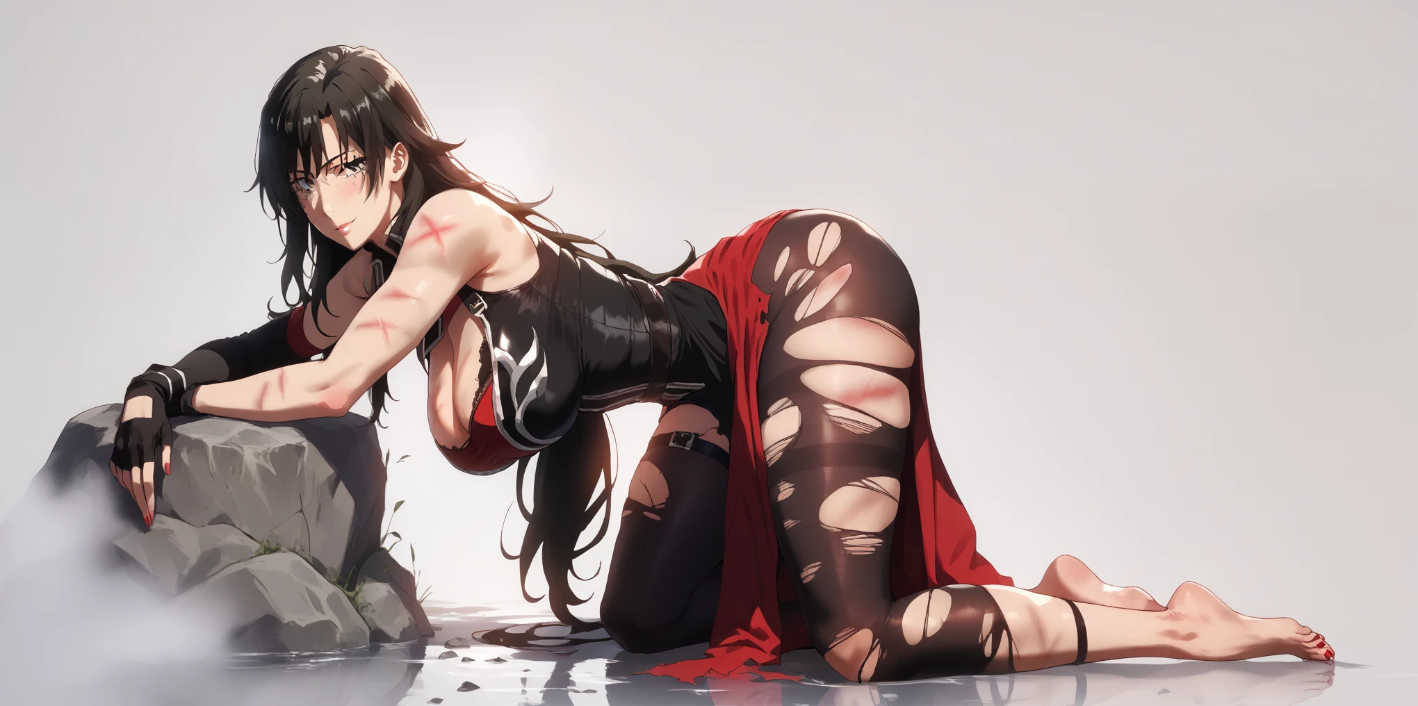 Prisoner of war, ninja, ponytail, medium breasts, torn clothes, white underwear, spread legs, Japanese-style room, restraint, shy, glaring, rope, wet with cloudy liquid, wet with saliva, wet Crotch area, wet thighs, watery eyes, wide leg spread, red face, lying down, excited, heavy breathing