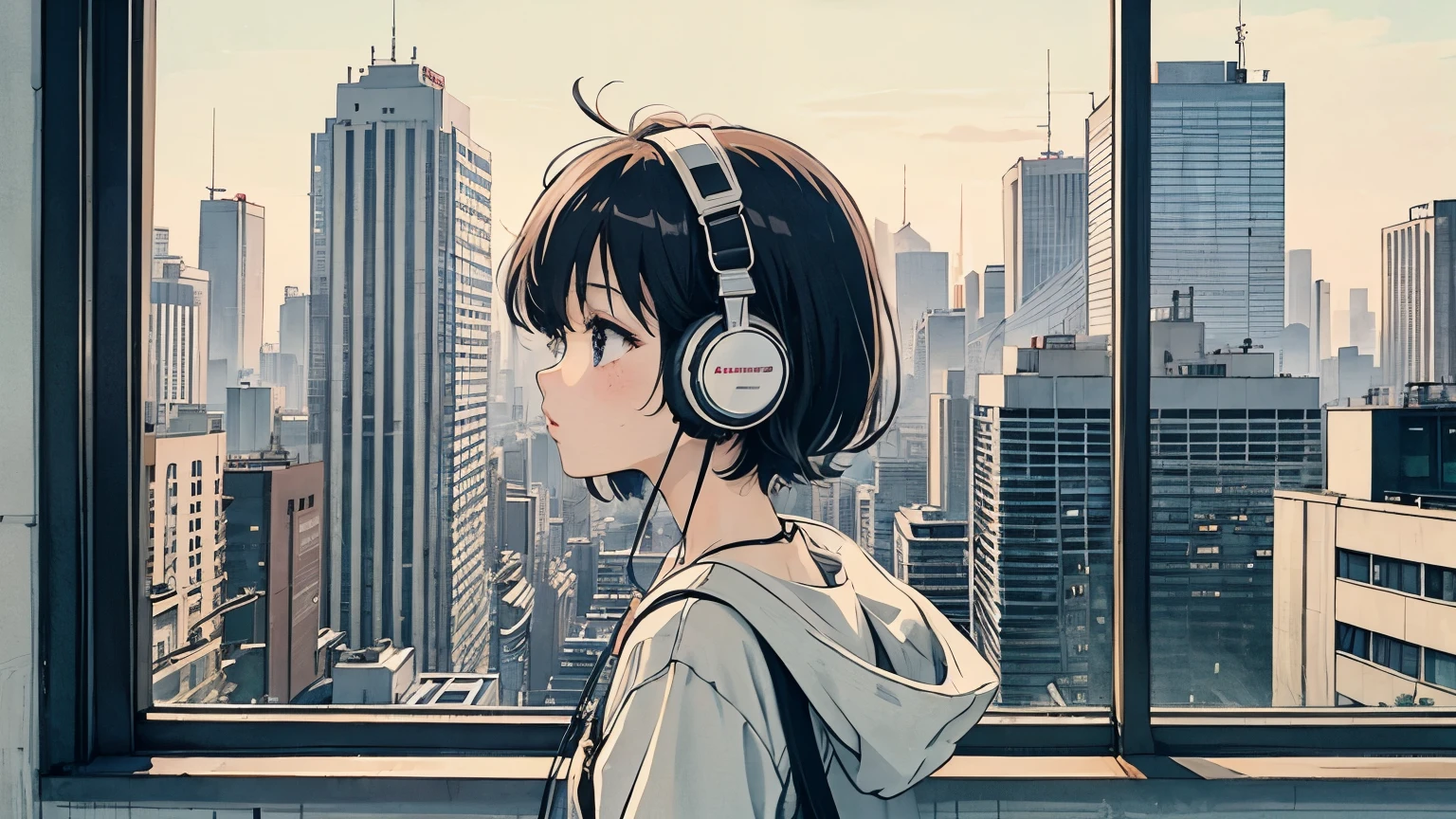 1 girl, 90s anime style, morning , Urban Crossroads、Girl wearing headphones, late morning , Listening to music alone, City Pop, high quality, 綺麗なmorning、Lo-Fi, Chill, late ,Urban hustle and bustle、 crowd, ,morningの街中 futuristic morning view outside the window,
