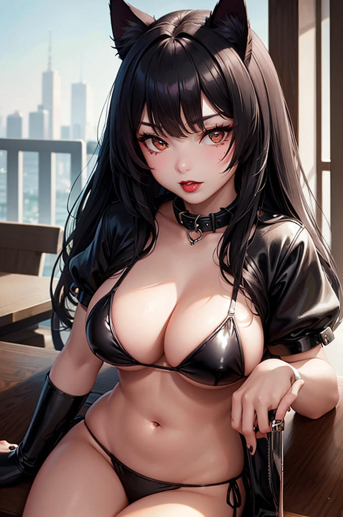 Detailed facial details,,1 girl,Red lips,Cat ear,Black long hair,Wearing a latex bikini,Large Breasts,belly-baring slim,Handcuffs,collar,Radiant Skin,Sitting at the table,Hotels