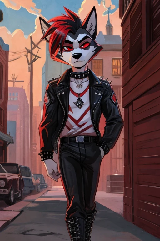 Art helluva boss,furry masculino,husky,black and white fur color,beauty,black and red hair color,Red eye color,stoned face,Dog Collar,punk jacket,red shirt,black military pants,military boots, suburban cartoon scenery.