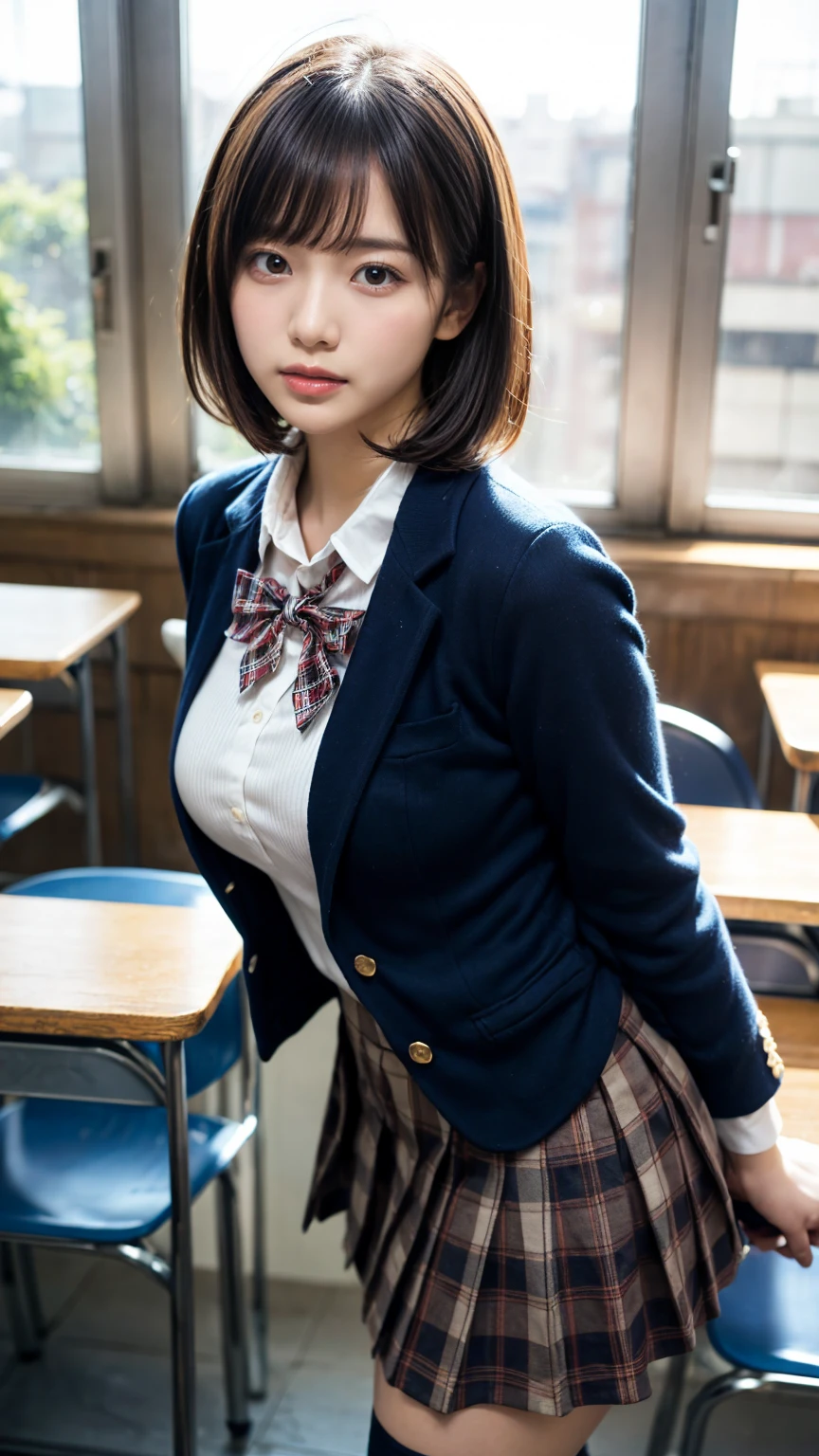 masterpiece, best quality, illustration, Super detailed, fine details, High resolution, 8K,wall paper, perfect dynamic composition,(Details High quality, realistic depiction of eyes:1.3), from side, High School Classroom、High school girl uniform、blazer 、Super Short Check Uniform Skirt、Navy blue high socks、garterbelts、Colossal tits、Disturbed uniform, short bob hair, black hair color, large breasts, Big Natural Color Lip, bold sexy pose, (perfect body shape), crying a little、Harajuku style、20 year old girl、cute type, beautiful legs, hposing Gravure Idol, Voluptuous thighs