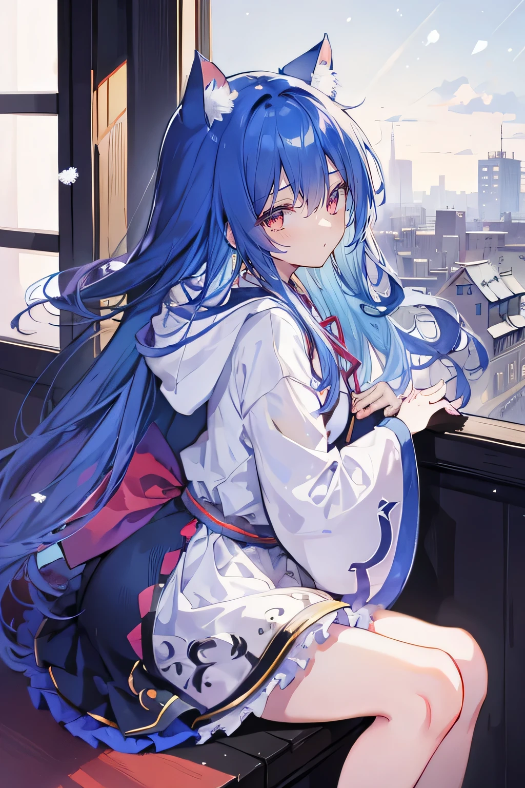 （masterpiece：1.2），Super detailed，lifelike，Expressive eyes，fair skin，perfect face shape，1 girl，
Japanese comics,Gorgeous blue hair,flowing blue hair,flowing clothes,Cat ears,Petals fall,beautiful lola,Baby Angel,
Shaking head with one hand，Cross your legs，smile, wearing hoodie, ,back views,snowing, winter，City Street Scene，winter。sitting on window， looking out the window，Turn your back to the audience。