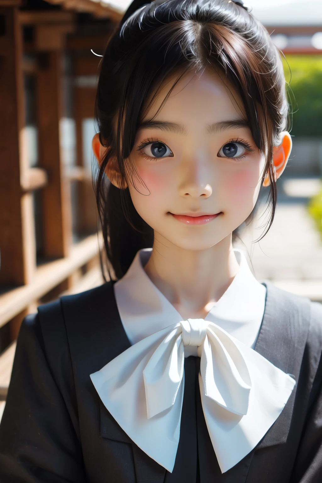 Beautiful 12 year old Japan woman), Cute Face, (Deeply chiseled face:0.7), (freckles:0.6), Soft Light,Healthy white skin, shy, (Serious face), thin, smile, uniform, ponytail