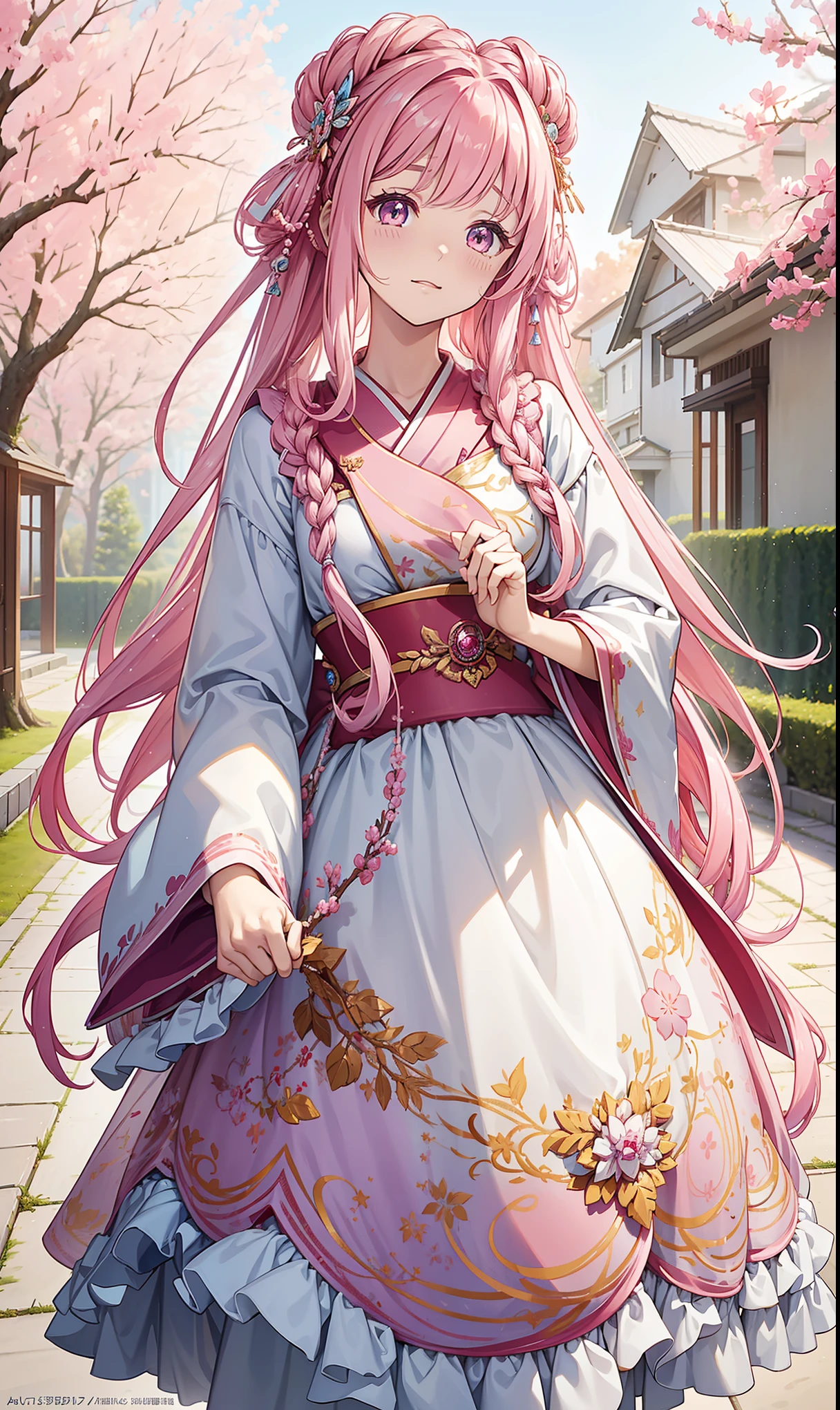 a beautiful young girl with long pink hair, Exquisite facial features, Big shining eyes, and a captivating expression, wearing a flowing Kanekoen dress, Being soft, Blurred background, (best quality,4K,8K,high resolution,masterpiece:1.2),Extremely detailed,pink,Kaneko,Bokeh,Extremely detailed,4K,Innocent girl,Tempting