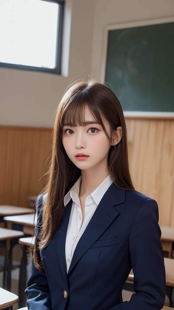 (masterpiece:1.5)、(Realistic:1.5)、(Highest quality:1.4、8k、RAW Photos)、
Ultra-high resolution、Professional Lighting、Perfect dynamic composition、classroom、
Film Grain、chromatic aberration、(Bokeh:1.1)、
Frank、Sophisticated、charm、Surreal、Attention to detail、Golden Ratio、
(1 girl)、Slender girl、Delicate and charming girl、Cute Woman:1.4、
Serious expression、Looking at the audience、Long Hair、
Light brown hair、Shiny Hair、
Realistic looking skin、
Beautiful Eyes、double eyelid、Thin arms、School uniforms、Navy blue blazer、Dress shirt、tie、From the chest up