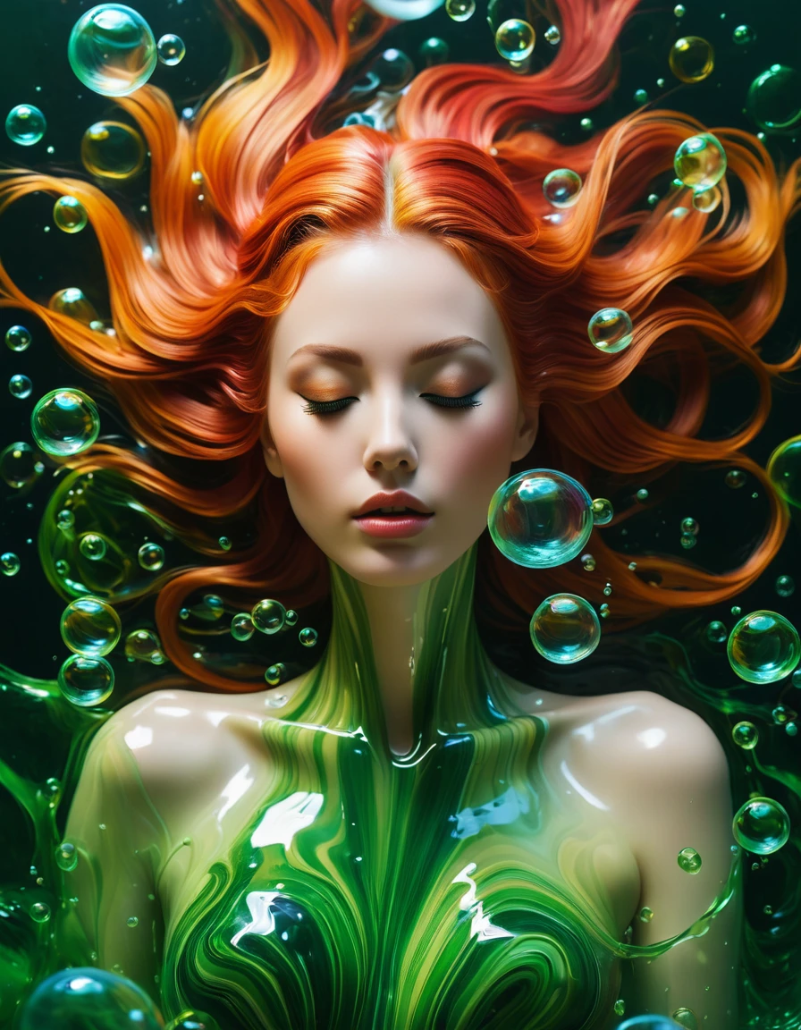 the image depicts a gorgeous siren with closed eyes, submerged in cream and amber substance that appears to be flowing around her, bubbles, green and red algae, her hair is also intertwined with this fluid, creating a dynamic and fluid effect,  the background is a dark green, which contrasts with the vibrant colors of the fluid. the overall impression is one of serenity and being immersed in a dreamlike or ethereal environment, beautiful 3d rendering, hyper maximalism, vray tracing, octane rendering, hdr, 32k