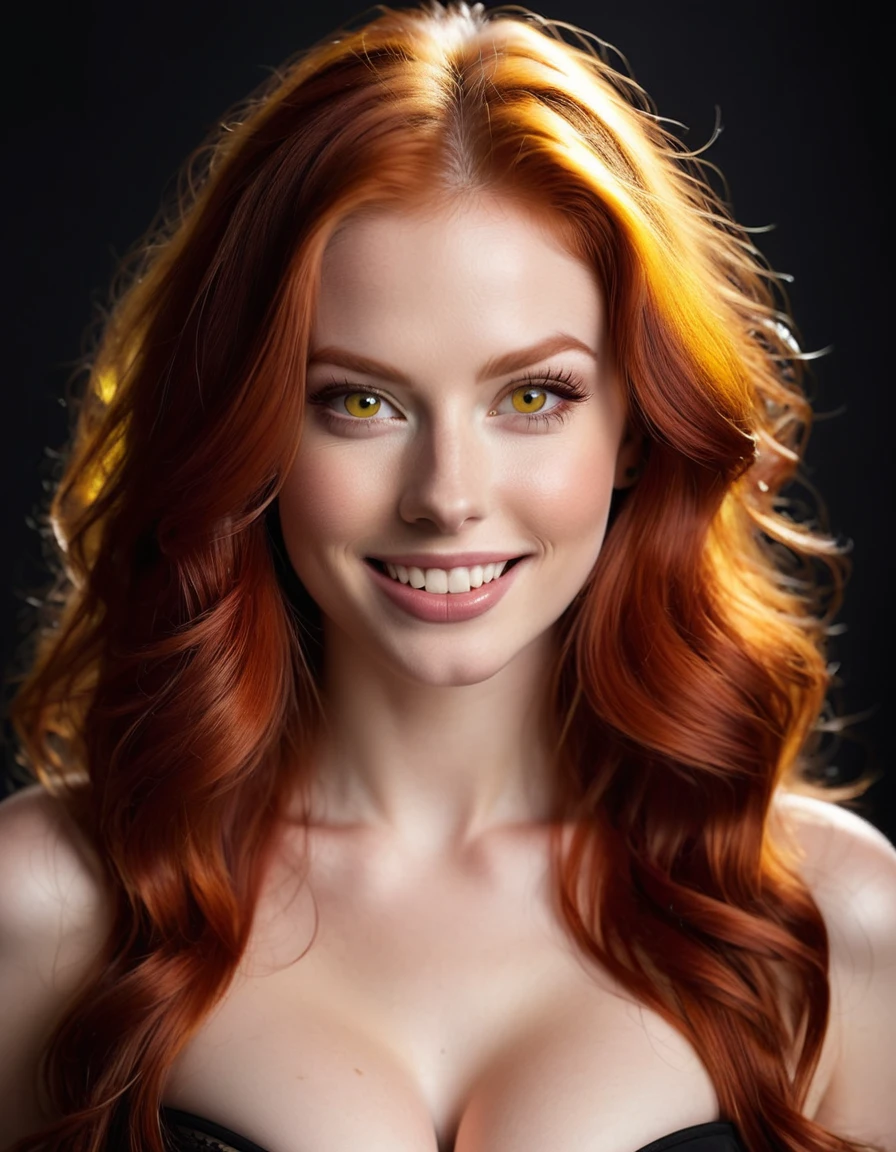 FACE SHOT OF BEAUTIFUL BOMBSHELL RED HAIR WOMAN, LONG RED HAIR, VERY PALE SKIN, YELLOW EYES, EXPRESSIVE YELLOW EYES, LOVELY FACE EXPRESSION, CLOSED MOUTH SMILE, HIDEN TOOTH, GORGEOUS LIPS, ROSY CHEEKS, HIGH CHEEKBONES, MENTAL FORAMEN, VOLUMOUS BREASTS, STRAPLESS CLEAVAGE, ATHLETIC CURVY BODY, FRONTAL ANGLE SHOT, DARK BACKGROUND, DIFUSED LIGHTS, YELLOW BACK LIGHTS, MASTERPIECE