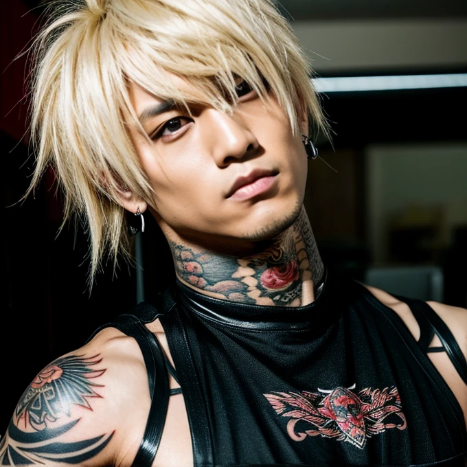 Japanese gothic rocker man, male, Asian eyes, muscular, broad shoulders, yakuza tattoos, hairstyle Visual Kei style, hair Visual Kei, black men's shirt and black pants, ultra detailed face, hyperrealistic, realistic representation,  30 years old, age 30 years,, blonde hair