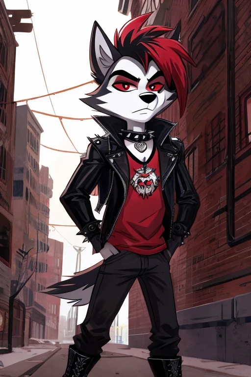 Art helluva boss,furry masculino,husky,black and white fur color,beauty,black and red hair color,Red eye color,Sleepy face,Dog Collar,punk jacket,red shirt,black military pants,military boots, suburban cartoon scenery.