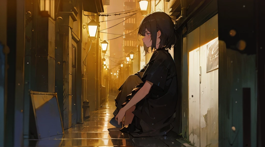 (masterpiece:1.3), (the best quality:1.2),
masterpiece,night,(dark alley),dire backgroud,Cluttered street,Rainy
(1 girl), (solo), Knee hugging sitting,acousticguitar