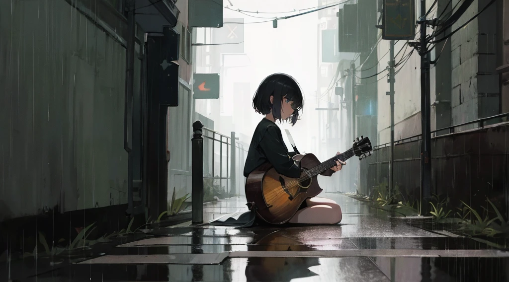 (masterpiece:1.3), (the best quality:1.2),
masterpiece,night,(dark alley),dire backgroud,Cluttered street,Rainy
(1 girl), (solo), Knee hugging sitting,acousticguitar