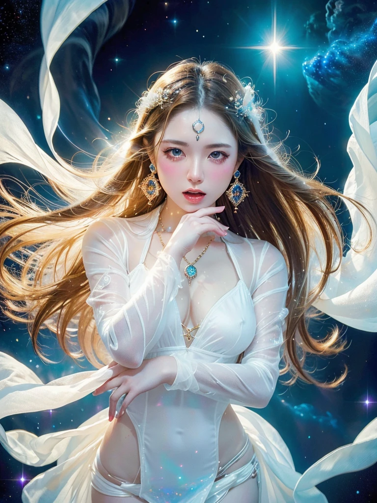 4K Ultra HD, masterpiece, A girl with a magical aura, Nice face, Long Hair, Shiny Hair, fine grain, Glossy Lips,, Aura around the body, Magical Effects, Spreading white light, Cosmic elements and ethereal atmosphere, A mix of bright lights and colorful nebulae, Space Background,, Whitening、(((Wearing white cloth 1.5)))、See-through、Hair and fabric blowing in the wind、(((1.5)))、(((Dynamic Pose 1.4)))、Bust up photo、(((Feeling Ecstasy 1.85)))、See-through 1.4、Luxurious earrings and necklaces、(((1.5)))、Brown Hair、Open your mouth