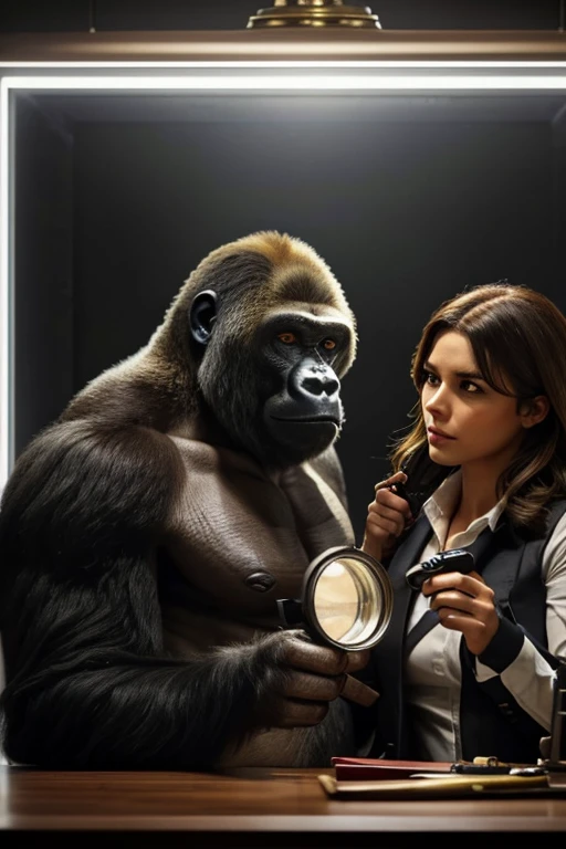 a gorilla and a sloth dressed as detectives working on a case, 1girl gorilla and 1girl sloth, detective costumes, magnifying glass, crime scene, dynamic pose, photorealistic, cinematic lighting, highly detailed, art by artgerm and greg rutkowski and alphonse mucha