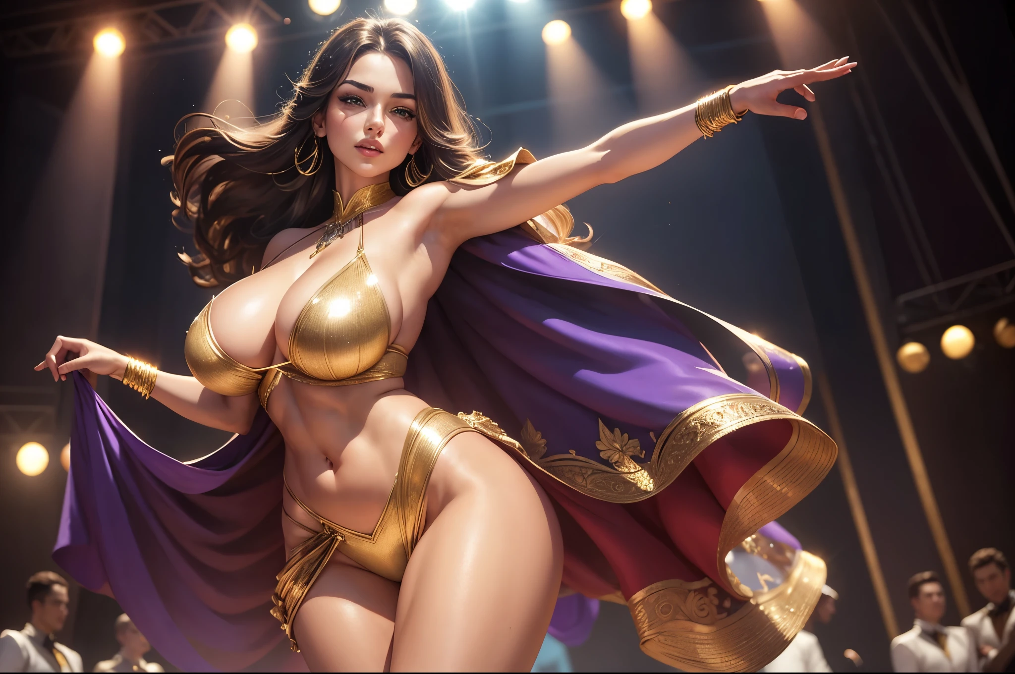 a super star,thick thighs,fleshy thighs,revealing her thighs,big natural breasts,huge round breasts,busty young girl,supermodel figure,perfect body,This female celebrity possesses a strikingly attractive figure. She is tall with smooth lines and well-toned muscles that are not overly prominent. Her shoulders are straight, and her neck is slender, giving off an air of elegance. Her chest has a soft contour, and her waist is slender, forming an enchanting curve that naturally draws the eye.
Her buttocks and thighs are firm and strong, showcasing a healthy physique. Her legs are long and smooth, and she appears very graceful whether standing or dancing.
As for her attire, one can imagine her wearing a very splendid stage costume. This outfit might be tight-fitting, perfectly contouring to her body's curves and highlighting her figure's advantages. The color of the costume could be vibrant, such as red, blue, or gold, which are very eye-catching on stage and can attract the audience's attention.
The costume may be adorned with some sparkling decorations, such as sequins, rhinestones, or metallic threads, which twinkle under the lights, adding to the costume's splendor. The tailoring of the outfit could be very meticulous, with designs like a deep V-neck, high slits, or a backless cut, which are both sexy and bold, showcasing her confidence and charm.
