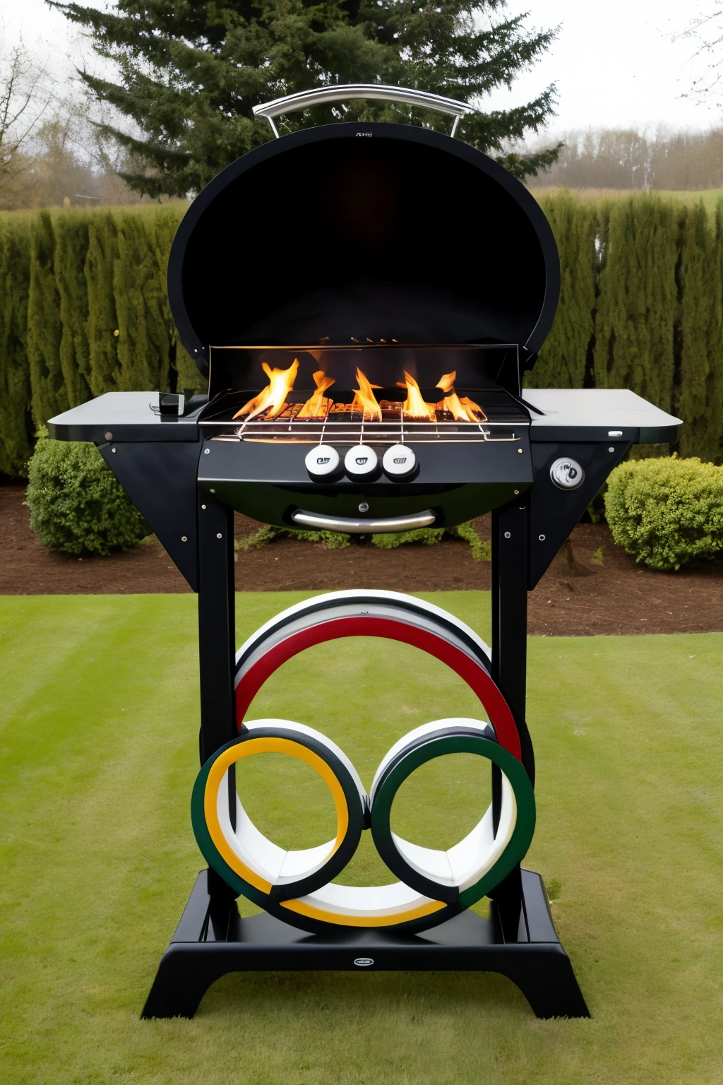 masterpiece，detailed，Olympic rings shaped barbecue，There&#39;s a TV playing in the distance