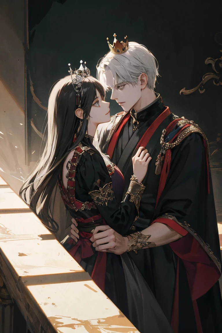 Ninja Couple, Kings and queens, Gothic Crowns and Tiaras, Alongside, Grey and Black, Dark romance, Raw Concept Art, Masterpiece Illustration