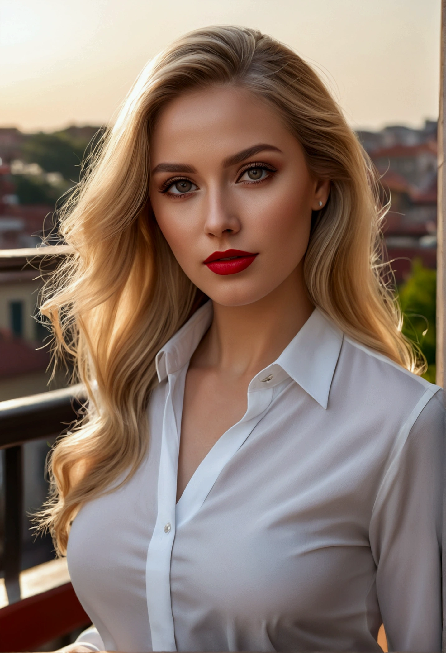 a beautiful blonde woman with long hair, wearing a short white shirt, black skirt, high heels, brown eyes, pretty face, blonde woman portrait, red lips, blonde woman on a terrace, (best quality,4k,8k,highres,masterpiece:1.2),ultra-detailed,(realistic,photorealistic,photo-realistic:1.37),intricate details,highly detailed,elegant,fashionable,graceful,warm lighting,soft focus,natural lighting,detailed skin texture,volumetric lighting,cinematic lighting,dramatic lighting,chiaroscuro lighting,studio lighting,warm color palette,vibrant colors,muted colors,atmospheric,photorealistic,professional photography,digital painting,oil painting,fine art portrait