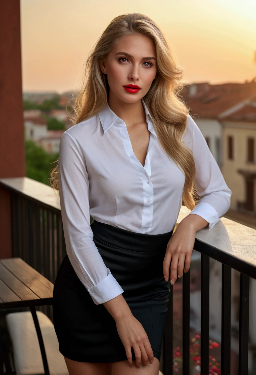 a beautiful blonde woman with long hair, wearing a short white shirt, black skirt, high heels, brown eyes, pretty face, blonde woman portrait, red lips, blonde woman on a terrace, (best quality,4k,8k,highres,masterpiece:1.2),ultra-detailed,(realistic,photorealistic,photo-realistic:1.37),intricate details,highly detailed,elegant,fashionable,graceful,warm lighting,soft focus,natural lighting,detailed skin texture,volumetric lighting,cinematic lighting,dramatic lighting,chiaroscuro lighting,studio lighting,warm color palette,vibrant colors,muted colors,atmospheric,photorealistic,professional photography,digital painting,oil painting,fine art portrait