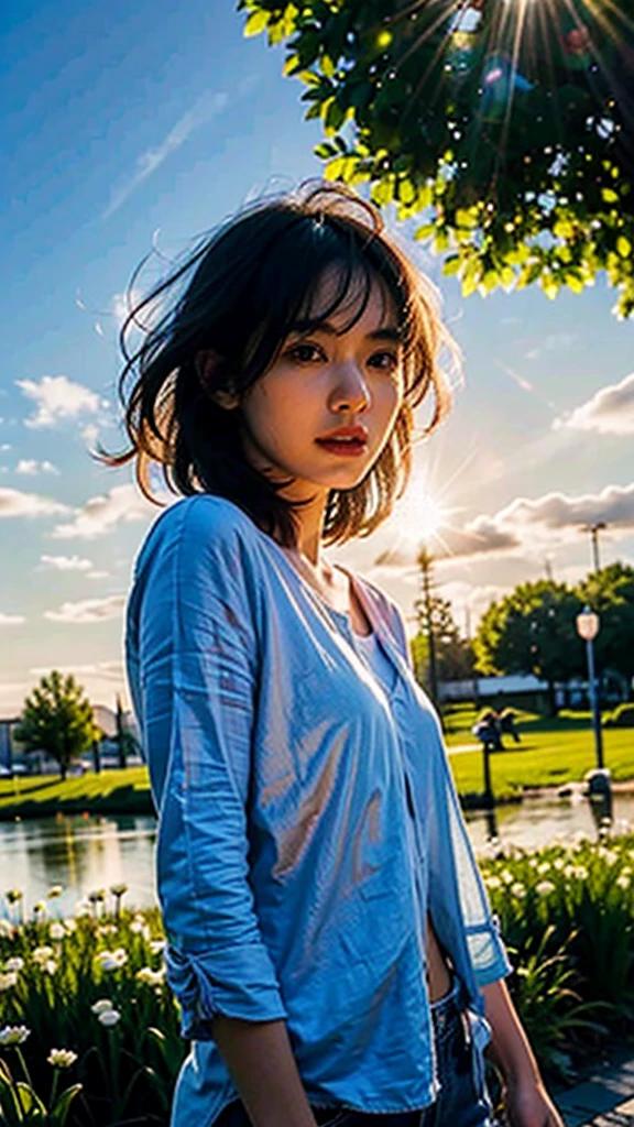 (masterpiece),((ultra-detailed)), (highly detailed CG illustration),(expressionless), (best quality:1.2), High quality texture, intricate details, detailed texture, High quality shadow, Cinematic Light, Lens Flare, Ray tracing, Depth of field, light source contrast, perspective,20s, (ulzzang-6500-v1.1:0.5), river, sunset, spring, daisy, green grass, mountain, cloud,