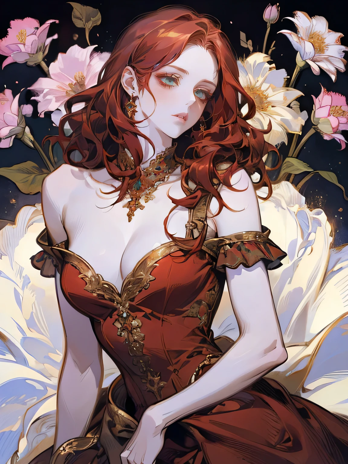 Beautiful, elegant girl with red hair, blue eyes and pale skin. Her hair is long and curly. Nice dress, (Red dress), open shoulders, neckline on dress, dress decorated with flowers, Carnations, Sexy dress,