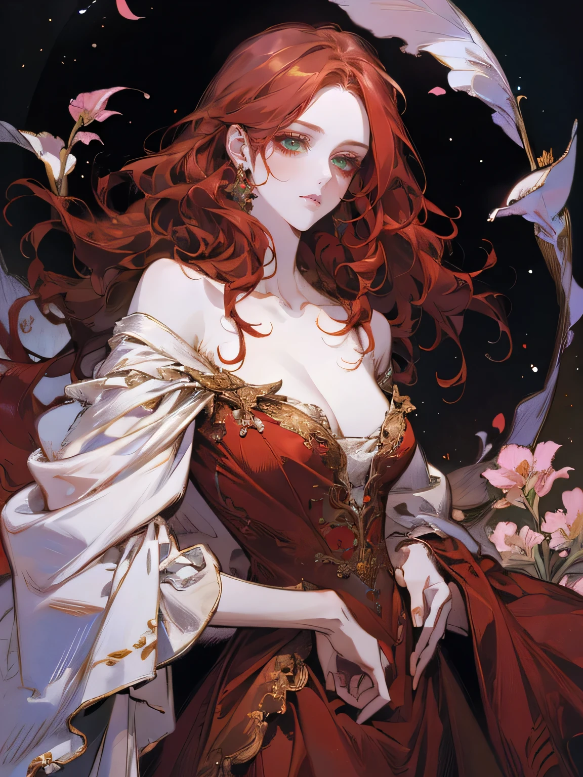 Beautiful, elegant girl with red hair, blue eyes and pale skin. Her hair is long and curly. Nice dress, (Red dress), open shoulders, neckline on dress, dress decorated with flowers, Carnations, Sexy dress,
