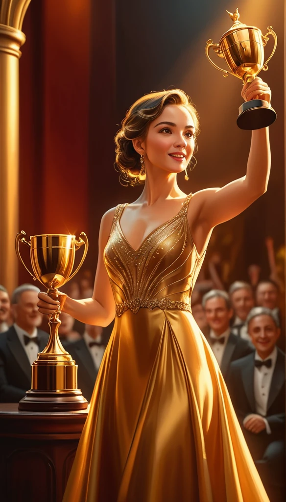A woman winning an award, elegant dress, graceful posture, golden trophy, cheering audience, dramatic lighting, cinematic composition, oil painting style, warm color tones, cinematic lighting, intricate details, photorealistic, 8K resolution, masterpiece, professional photography
