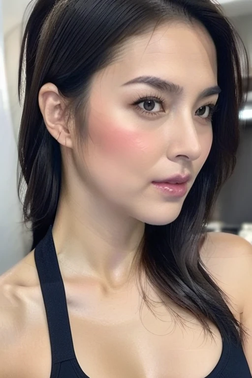 (Highest quality:1.2),(Perfect Beautiful Face 1.2),(Perfect and beautiful posture:1.2),(Attractive female wrestlers:1.2),Big and ample breasts,Black hair ponytail,sports bra too small,(Face close-up:1.2),(Abnormal sweating:1.2),best quality real texture skin,Clear Eyes,Looking into the camera,Kiss the camera,((Cleavage,I sweat a lot in my armpits))Smooth underarm skin,