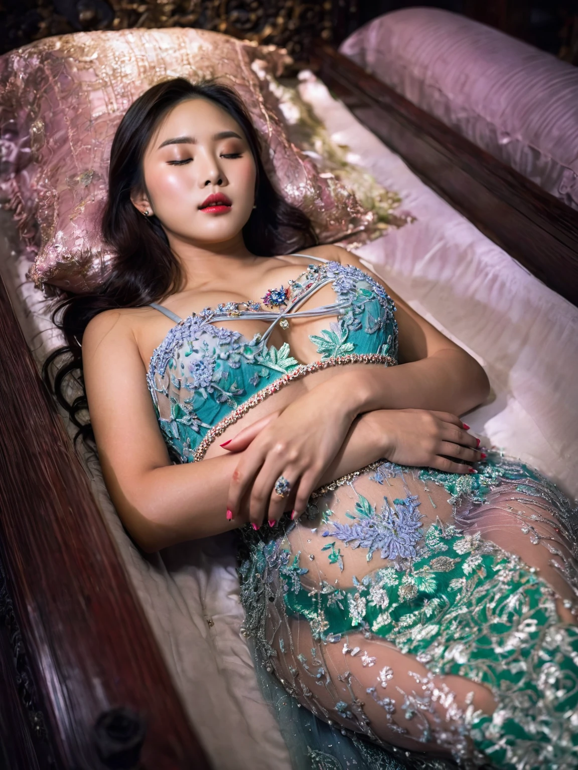 In a striking 8K HDR scene, a stunning Korean woman, 22 years old, lies peacefully in a black coffin surrounded by plush pillows. The deep box is set against a rich black background, accentuating the beauty of the subject. Her exquisite deep-V neckline kebaya attire is embroidered with superb detail, showcasing her round and firm breasts, perfect cleavage, and beautiful eyebrows. Her closed eyes and mouth give an air of serenity, while her visible and absolute cleavage leave nothing to imagination. The scene is bathed in saturated colors, highlighting every intricate aspect from the ball skirt to her clean face, straight body, detailed hand perfect hands, straight body, own hands together, own hand on stomach, detailed hands, perfect hands.