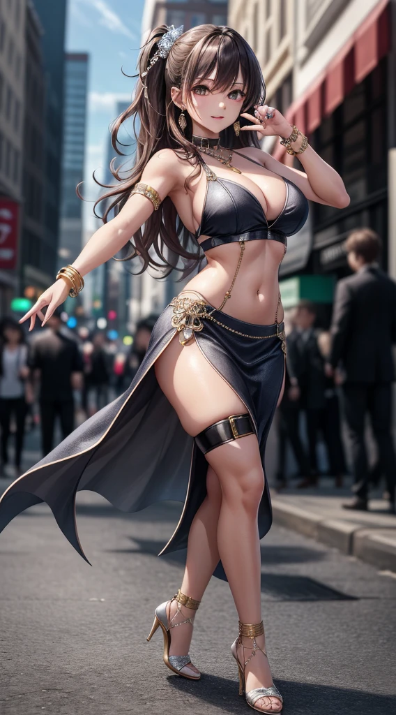 Extremely beautiful,1 girl, jewerly, breastsout, ((dancing1.4)), high-heels, darkskin, bracelet, へそ, aretes, focus only, Ankle Bracelet, dark skinned female, tummy, Blurry background, long hair, necklase, Blurry, neckleace, Bblack hair, overskirt, realisitic, へそ piercing