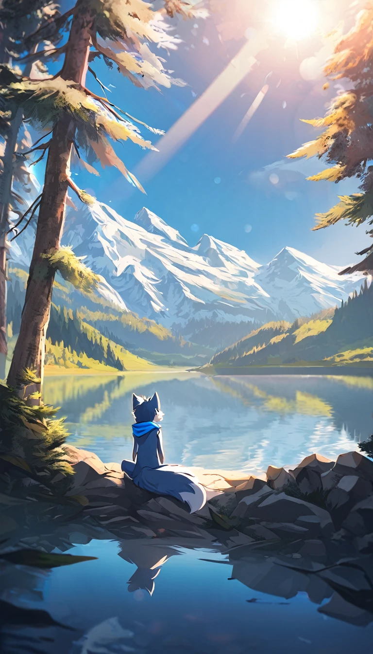cinematic shadow, high-quality illustrations, dynamic lighting, lens flare, cinematic angle, highres, top quality, best quality,furry male, furry, solo, animal ears, 1boys, tail, blue hair, half, white fur, body fur, two-tone fur, short hair, blue fox ears,, fox boy, fox tail, blue fur, blue scarf, half body character with calm and beautiful lake surrounded by tall trees and mountains. The water could be a deep blue color, and there could be a few clouds in the sky. could be sitting by the lake, looking out at the water and enjoying the peaceful sky