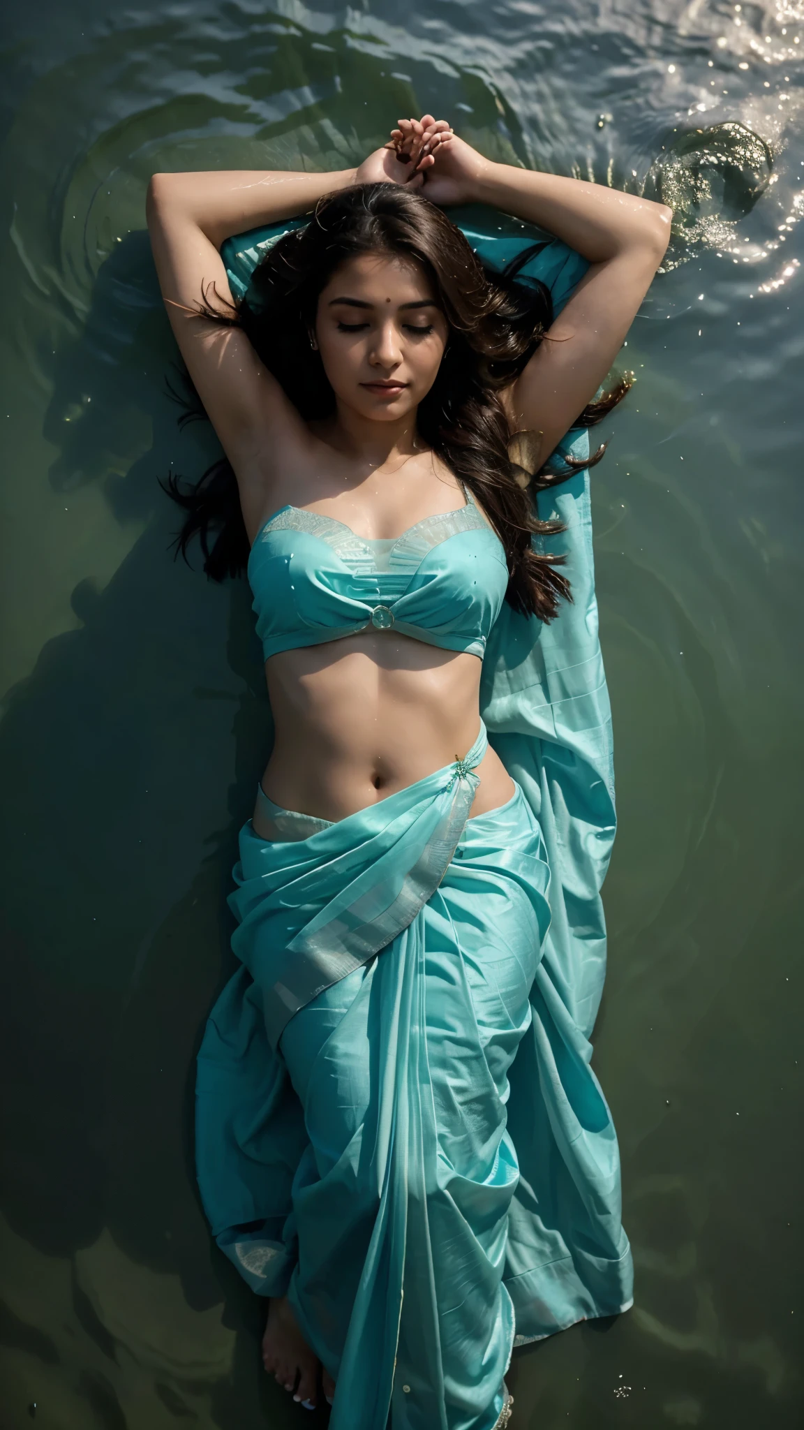 Girl in a thin wedding saree floating in ocean in a sleeping position