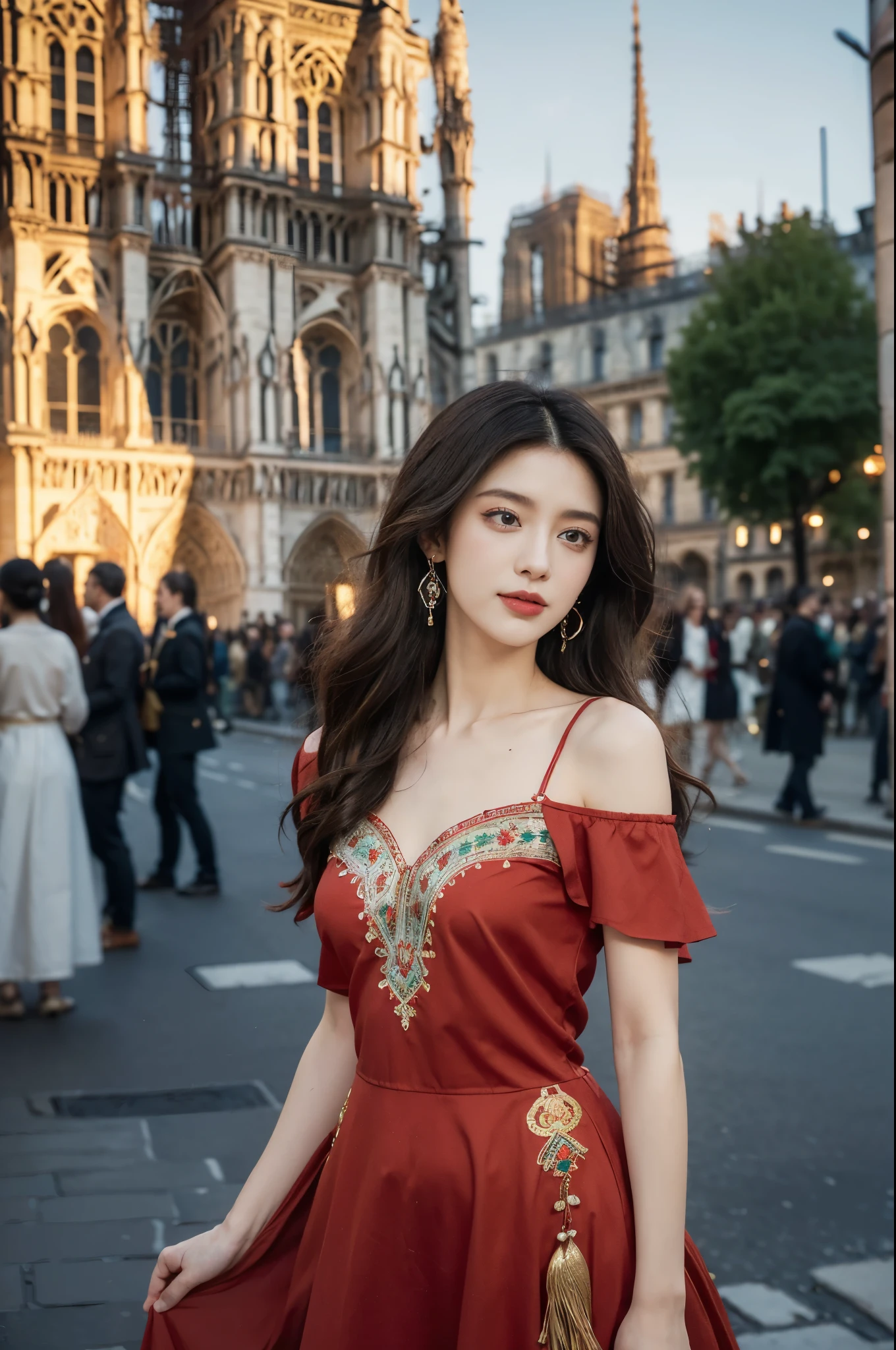 (((best quality))),(((ultra detailed))),(((masterpiece))),illustration,((1 beautiful girl,female Gypsy dancer,solo)),(shoulder length wavy bob hair:1.2),(laughing:1.3),((slim,thin)),((small breasts,flat chest)),(detailed eyes:1.3),(Bohemian style embroidered red dress:1.5),(short sleeves:1.2),((earrings)),mystery,charm,(standing:1.3),(arms behind back:1.3),(slender legs:1.2),(On the square outside Notre Dame Cathedral in Paris:1.5),(ancient Paris:1.2),traditional attire,vendors,fruits,handcrafted objects,pastries,bakeries,spire,Gothic architecture,sunlight,ethereal glow,busy cityscape,out of place,free spirit,creativity,lost in thoughts,dreams,possibilities,bygone era,snapshot,essence,magic of summer,(day scene:1.3),(outdoor:1.3),(surrounded by crowded crowds:1.3),((from front,upper body))