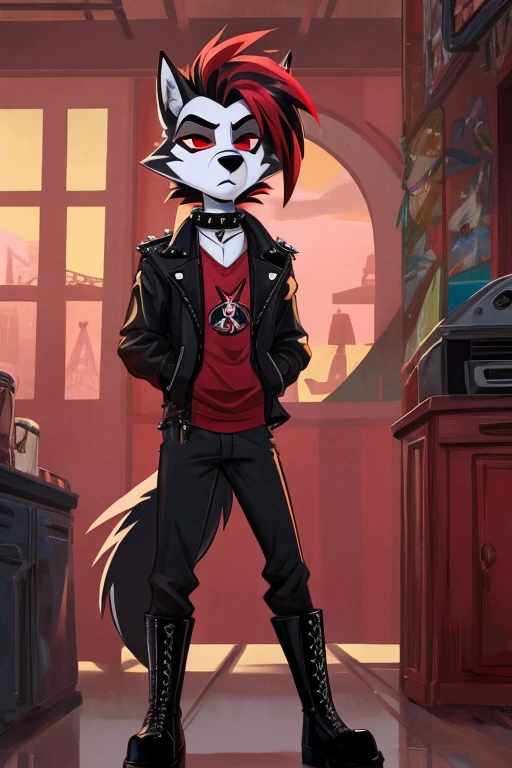 Art helluva boss,furry masculino,husky,black and white fur color,beauty,black and red hair color,Red eye color,Tired expression,Dog Collar,punk jacket,red shirt,black military pants,military boots,Holding a coffee,suburban cartoon scenery.