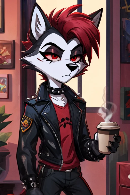 Art helluva boss,furry masculino,husky,black and white fur color,beauty,black and red hair color,Red eye color,Tired expression,Dog Collar,punk jacket,red shirt,black military pants,military boots,Holding a coffee,suburban cartoon scenery.