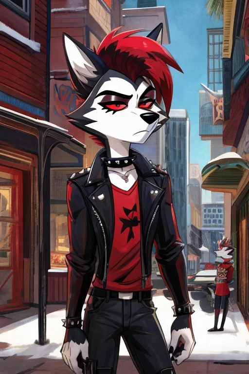 Art helluva boss,furry masculino,husky,black and white fur color,beauty,black and red hair color,Red eye color,Tired expression,Dog Collar,punk jacket,red shirt,black military pants,military boots,Holding a coffee,suburban cartoon scenery.