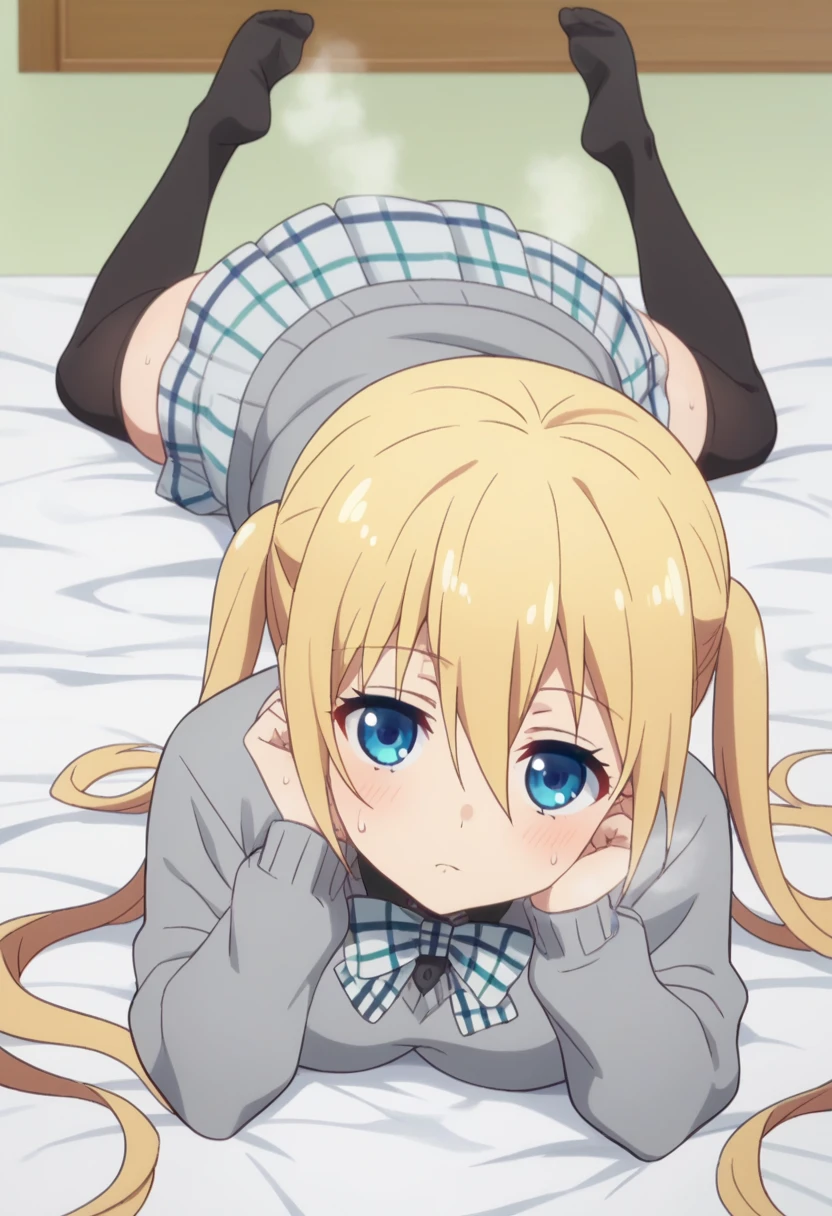 score_9, score_8_up, score_7_up, source_anime, 1girl, solo, megami magazine, blend s, hinata kaho, blue eyes, blonde hair, long hair, twintails, hair between eyes, large breasts, kaho-schooluniform, , bowtie, plaid bowtie, sweater, grey sweater, long sleeves, skirt, white skirt, plaid skirt, miniskirt, thighhighs, black thighhighs, skindentation, no shoes, lying, on stomach, the pose, head rest, breasts, looking at viewer, bed sheet, sweat, steam, steaming body, on bed, blush, expressionless