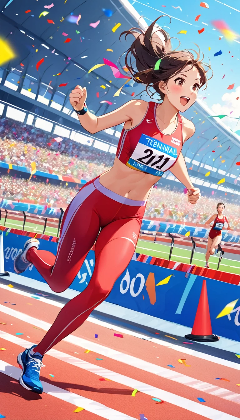 Wonderful moments，beautiful girl，Sports suit，Marathon sprint，victory，First Place，(((terminal line end line)))，Colorful confetti in the air
