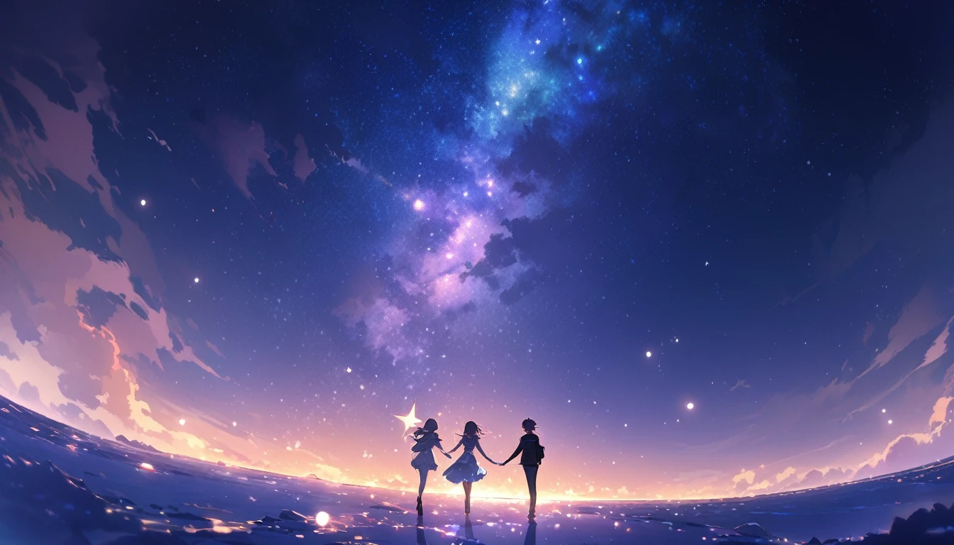 Twinkling Star々The night sky is filled with, Each star shines brightly. This scene radiates a sense of love and connection., As if the stars were shining a light on your feelings for that special someone. background, soft, The gentle glow enhances the romantic atmosphere.. Starlight creates a path to the horizon, It symbolizes the bond between two people that transcends distance..