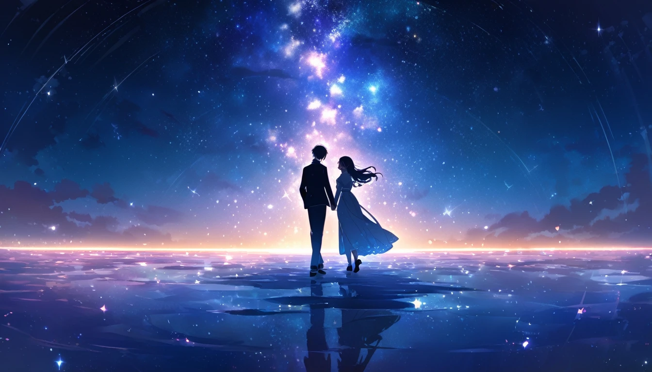 Twinkling Star々The night sky is filled with, Each star shines brightly. This scene radiates a sense of love and connection., As if the stars were shining a light on your feelings for that special someone. background, soft, The gentle glow enhances the romantic atmosphere.. Starlight creates a path to the horizon, It symbolizes the bond between two people that transcends distance..